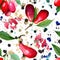 Dogwood red fruit and green leaves. Watercolor background illustration set. Seamless background pattern.