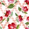 Dogwood red fruit and green leaves. Watercolor background illustration set. Seamless background pattern.