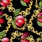 Dogwood red fruit and green leaves. Watercolor background illustration set. Seamless background pattern.