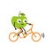 Doing sport fruit - green fresh ripe apple riding bike isolated on white background.