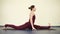 Doing a wonderful split while practising yoga. Young beautiful flexible woman.