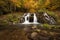 Dokuzak waterfall in Strandja mountain, Bulgaria during autumn. Beautiful view of a river with an waterfall in the forest.