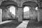 Dolceacqua ligurian Region, Northern Italy: internal view of the ancient Castle. Black and white photo