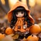 a doll dressed in an orange coat sits among pumpkins