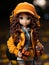 a doll dressed in an orange jacket and hat