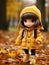 a doll dressed in a yellow coat standing in the leaves