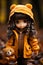a doll dressed in a yellow jacket holding a teddy bear