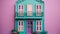 A doll house with a purple door and green shutters. Generative AI image.