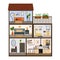 Doll house in section. Vector flat illustration with outline. Entrance hall, bedroom and living room, bathroom and