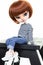 Doll red hairs in jeans sit on black wooden seat in white background pretty fashion girl