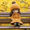 a doll sitting on a bench wearing a knit hat