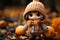 a doll wearing an autumn coat and hat stands in the middle of a pile of autumn leaves