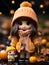 a doll wearing an orange coat and hat stands next to a pumpkin