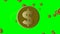 Dollar animation, golden coin with american dollar symbol , fiery ellipses around the coin, flying another coins on
