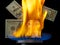 Dollar bill on fire in gas burner flame.