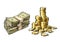 Dollar bills and stack of gold coins set. Hand drawn sketch vector set.