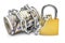 Dollar bills wrapped by chain and secured with padlock. Isolated on white. Safety money and investment concept