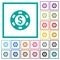 Dollar casino chip flat color icons with quadrant frames