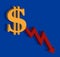 Dollar and chart, Bearish icon, falling price, background money, blank