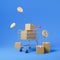 Dollar coins falling down, basket from supermarket and cardboard boxes with goods. Blue background. Online shopping, consumer`s