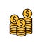 dollar coins stack black outline vector illustration, icon flat finance heap, golden money standing on stacked