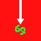 Dollar crash symbol with white arrow on red background. Global Economic Downturn.