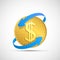 Dollar currency sign on golden coin. Stock exchange and remittance
