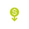 Dollar down icon. White dollar sign in green circle with arrow down. Flat icon. Isolated on white.