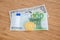 Dollar, euro and bitcoin banknote