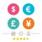 Dollar, Euro, Pound and Yen currency icons.