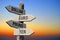 Dollar, euro, pound, yen - wooden signpost, sunset sky