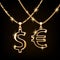 Dollar and euro sign jewelry necklace on golden chain