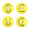 Dollar euro yen and pound coin vector pack