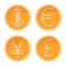 Dollar, euro, yen, pound golden coins, different currencies, vector money illustration
