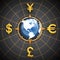 Dollar, Euro, Yen and Pound symbols around the globe