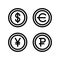 Dollar euro yen yuan ruble symbol currency money simple flat style icon