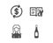 Dollar exchange, Woman and Engineering documentation icons. Champagne sign. Vector