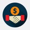 Dollar handshake sign icon. Successful business with isolated background currency symbol. Circle flat button with shadow