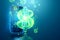 Dollar hologram and smartphone on a blue background. The concept of investment globalization, business, future, technology,