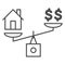 Dollar and house balance thin line icon, finance concept, money and property on scales sign on white background