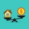 Dollar and house scales icon. Money and house balance on scale. Real estate sale. Weights with house and money coin. Vector