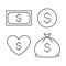 Dollar icons set. Currency sign. Money cash isolated on background. Coin, bag and note. Love of wealth
