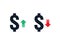 dollar increase decrease icon. Money symbol with arrow stretching rising up and drop fall down. Business cost sale and reduction i
