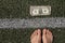 dollar lies near the strip on the grass and near the bare feet of a woman, financial theme, dollar