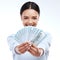 Dollar money, face portrait and happy woman with lotto win, competition giveaway or studio cash award. Financial freedom