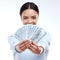 Dollar money, studio portrait or woman face with lottery win, competition giveaway or cash dollar award. Finance trading