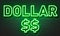 Dollar neon sign on brick wall background.