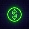 Dollar neon sign on brick wall. Money bright green symbol. Night bright advertising. Cash back neon template. Dollar