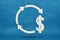 Dollar recycling. Currency exchange, US dollar exchange rate. Arrows around the dollar icon. 3D image on a blue