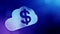 Dollar sign in emblem of cloud. Finance background of luminous particles. 3D loop animation with depth of field, bokeh